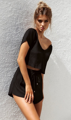 Solid Black Knit Crop Top and Shorts Matching Sets