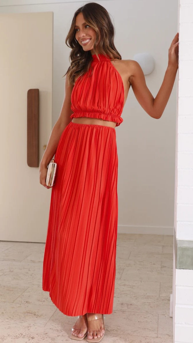 Red Pleated Crop Top and Skirt Sets