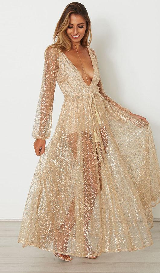 Deep V Neck Sequins See-through Maxi Dress