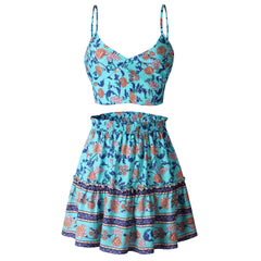 Turquoise Floral Crop Top and Skirt Matching Sets