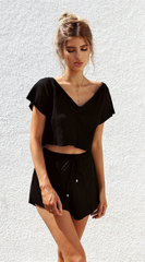 Solid Black Knit Crop Top and Shorts Matching Sets