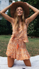 Orange Floral Tank and Skirt Matching Sets