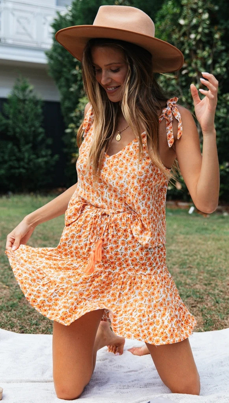 Orange Floral Tank and Skirt Matching Sets