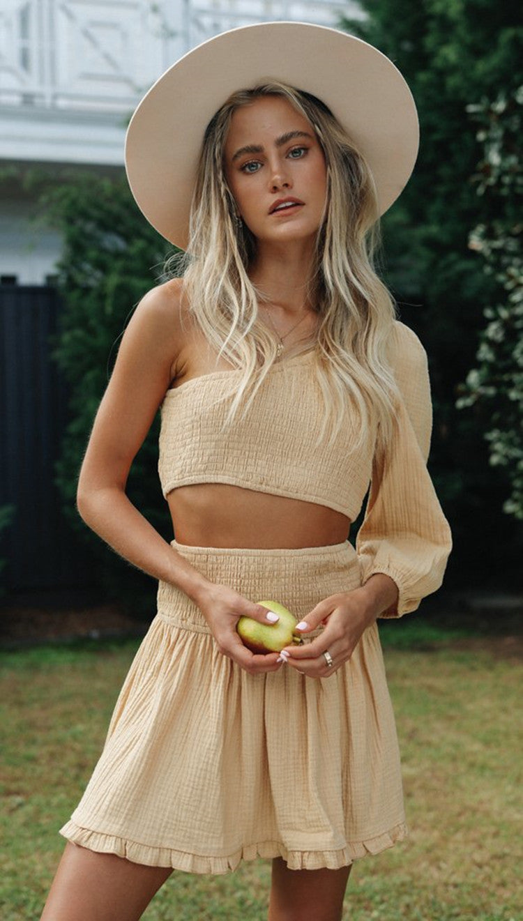 Beige One-Shoulder Top and Skirt Matching Sets