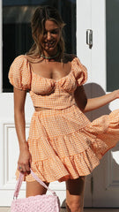 Orange Plaid Crop Top and Skirt Sets