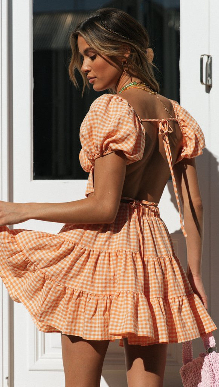 Orange Plaid Crop Top and Skirt Sets