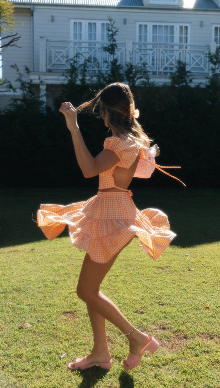 Orange Plaid Crop Top and Skirt Sets