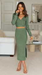 Olive Surplice Top and Knit Skirt Matching Sets