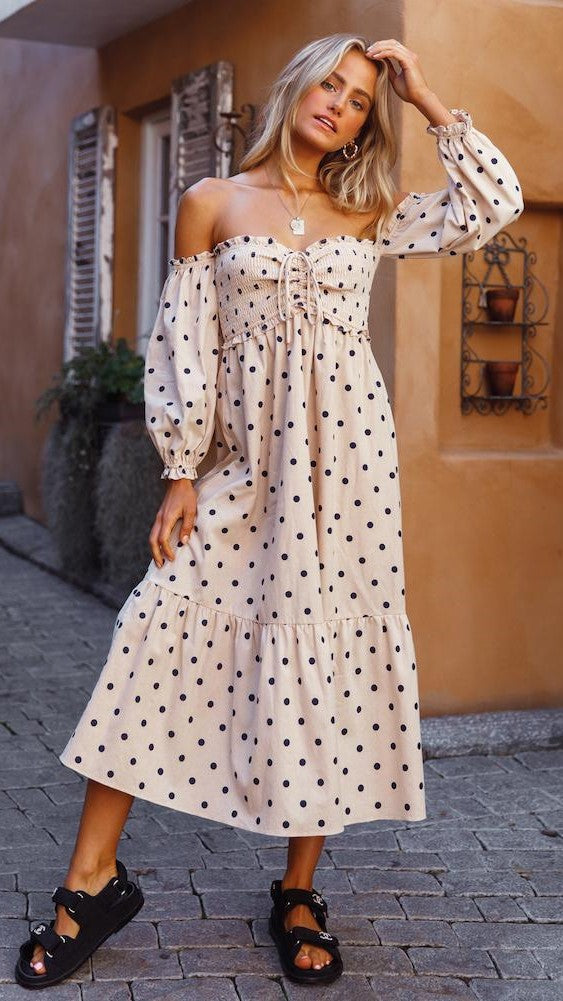 Beige Polka Dot Smocked Midi Dress