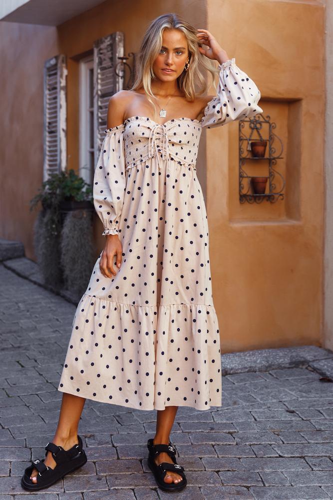 Beige Polka Dot Smocked Midi Dress