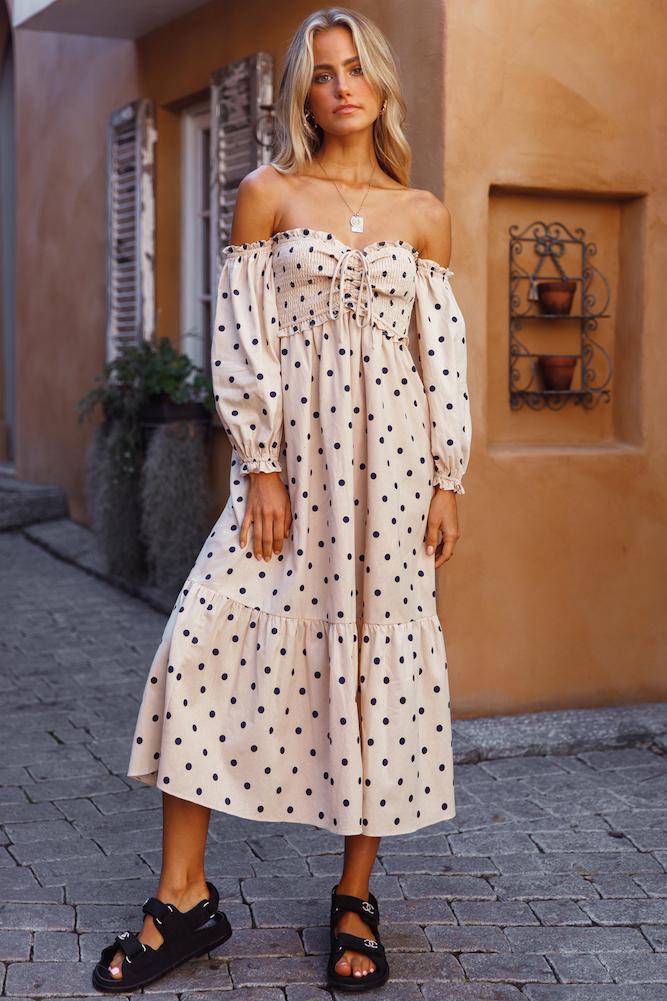 Beige Polka Dot Smocked Midi Dress