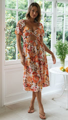 Orange Floral Cutout Backless Midi Dress