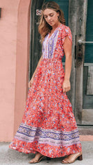 Red Boho Floral Maxi Dress