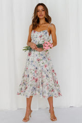 White Floral Shoulder Tie Midi Dress