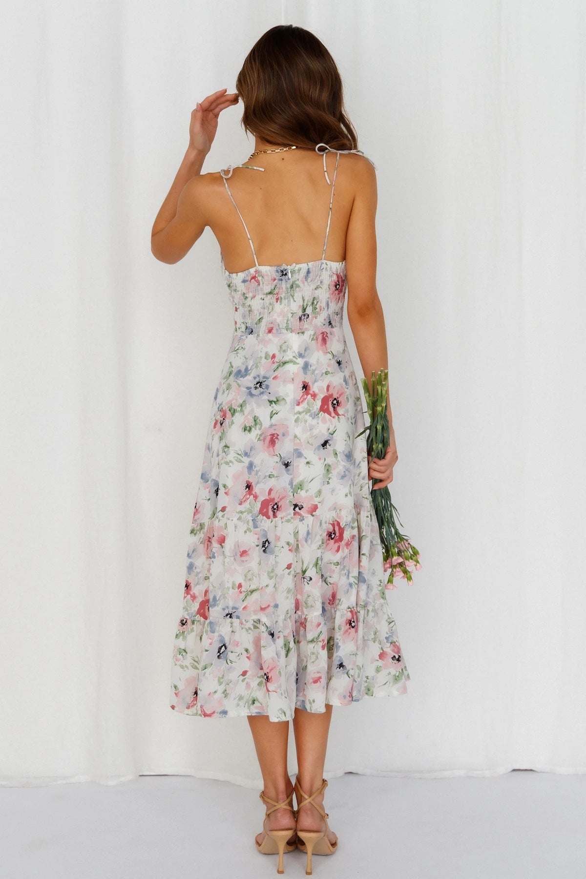 White Floral Shoulder Tie Midi Dress