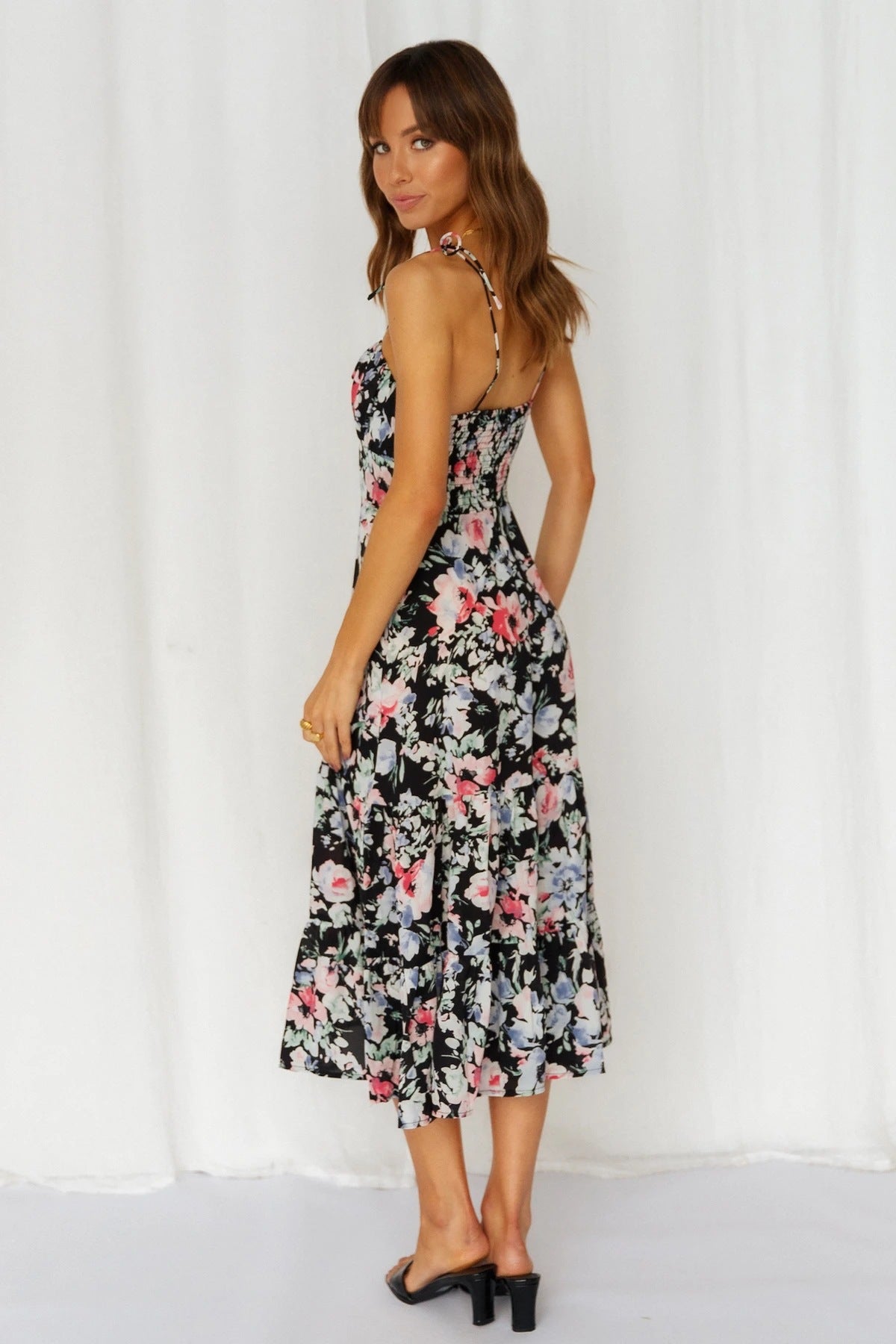 Black Floral Shoulder Tie Midi Dress