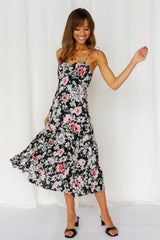 Black Floral Shoulder Tie Midi Dress