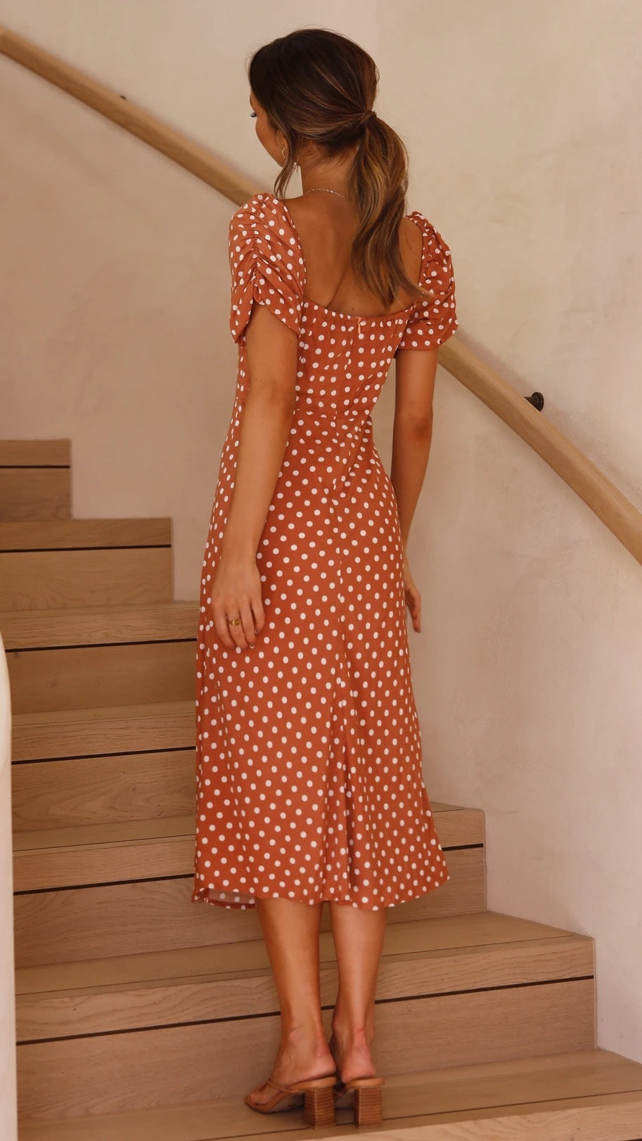 Brown Polka Dot Print Midi Dress