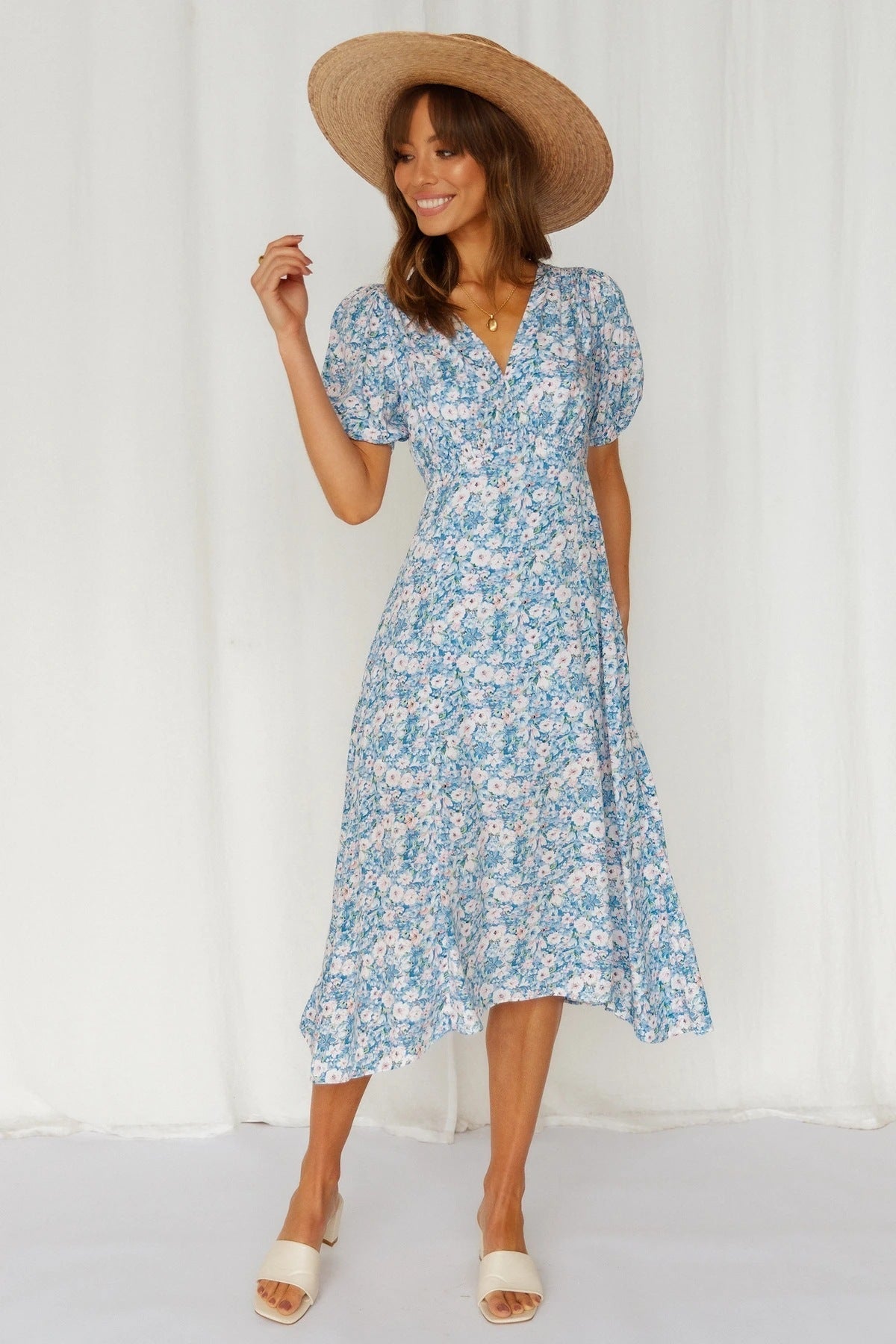 Blue Floral Midi Dress