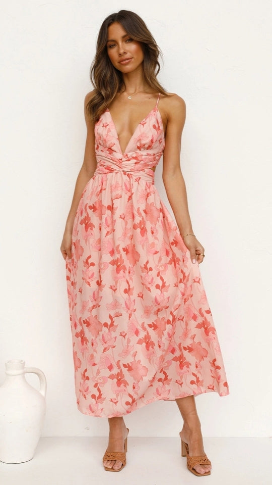 Coral Floral Silhouette Midi Dress