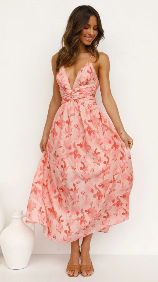 Coral Floral Silhouette Midi Dress