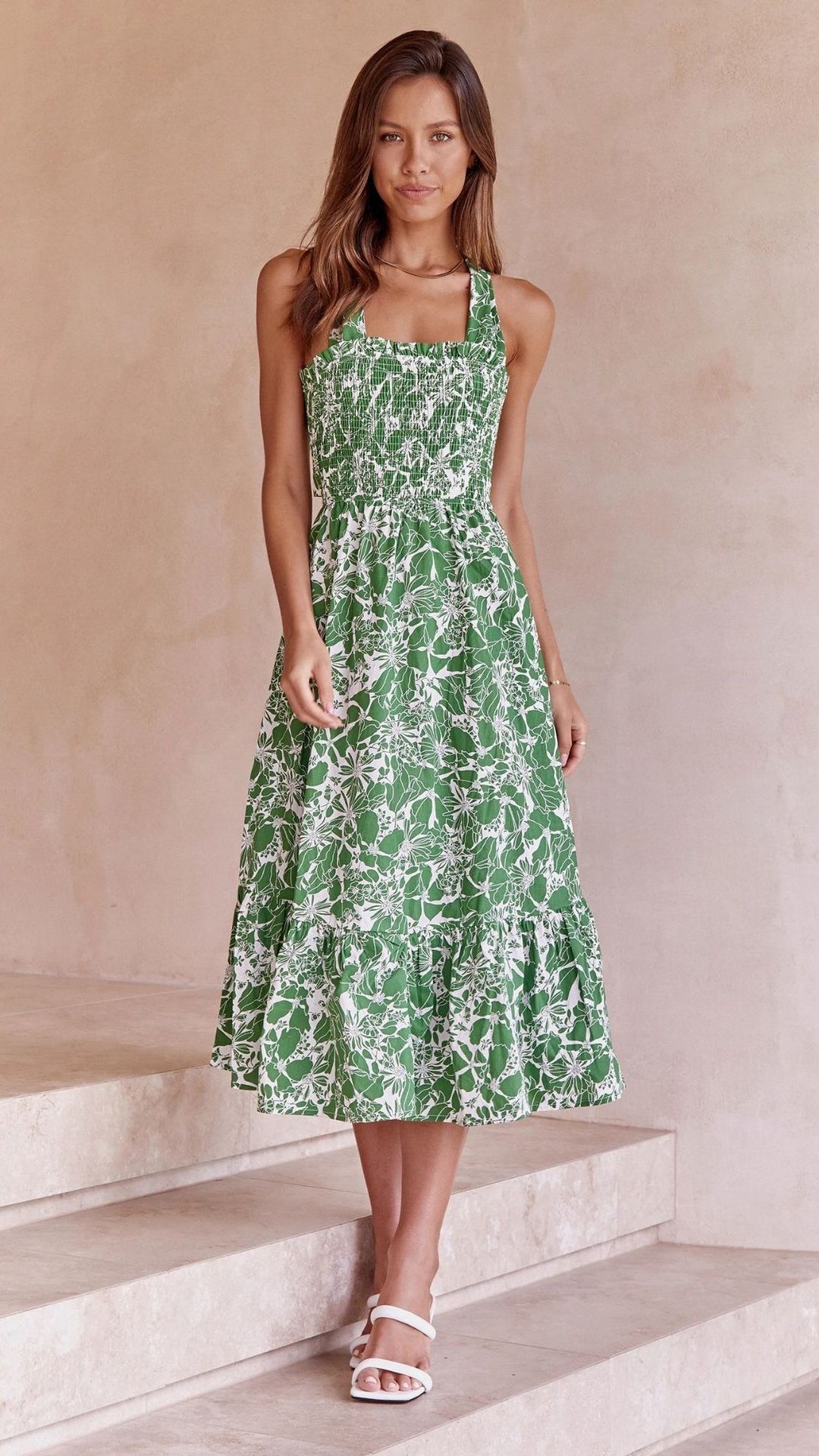 Green Floral Crossover Back Midi Dress