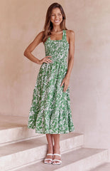 Green Floral Crossover Back Midi Dress