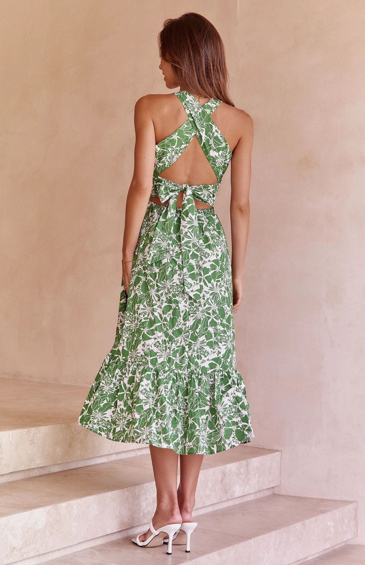 Green Floral Crossover Back Midi Dress