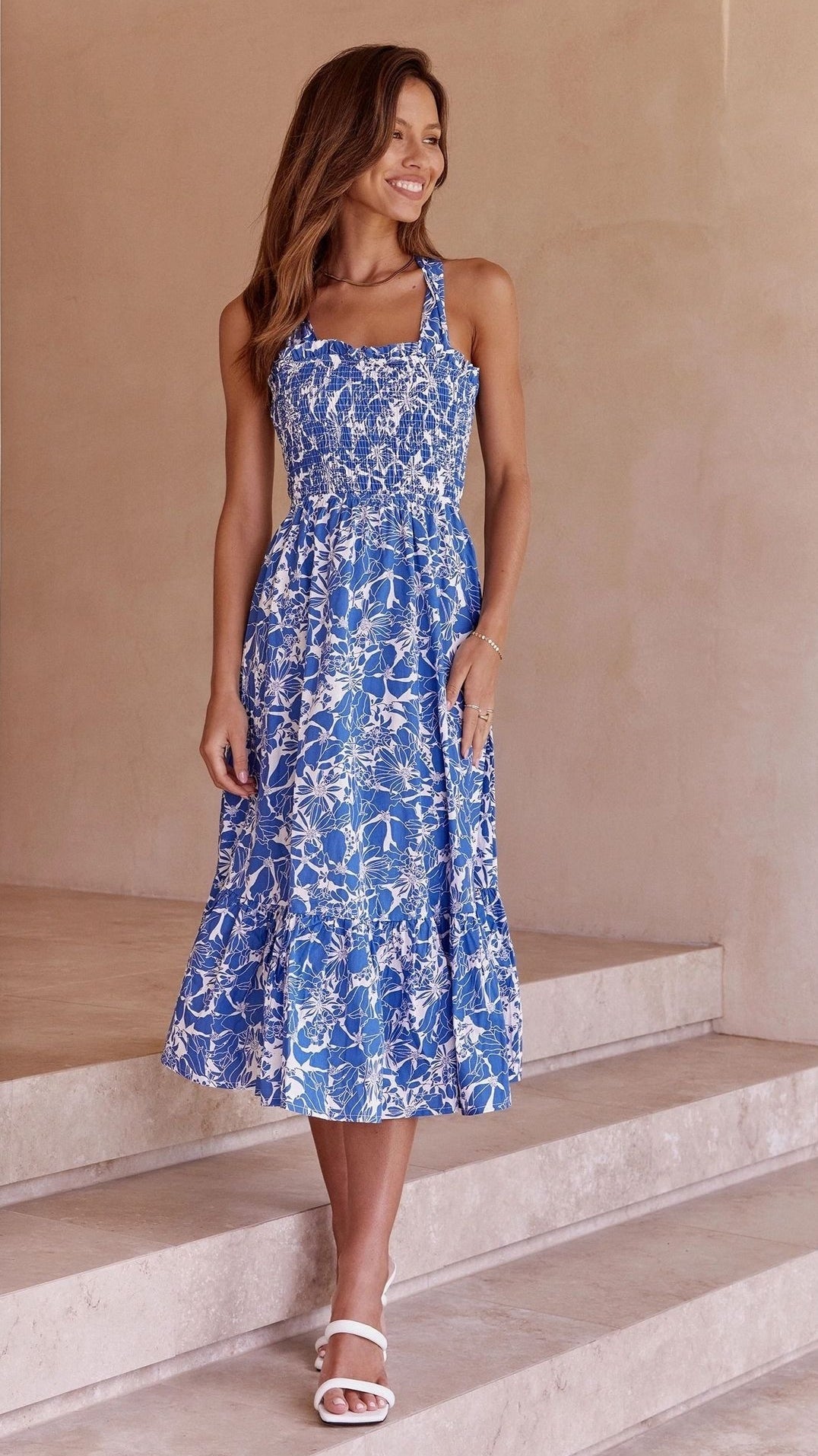 Blue Floral Crossover Back Midi Dress