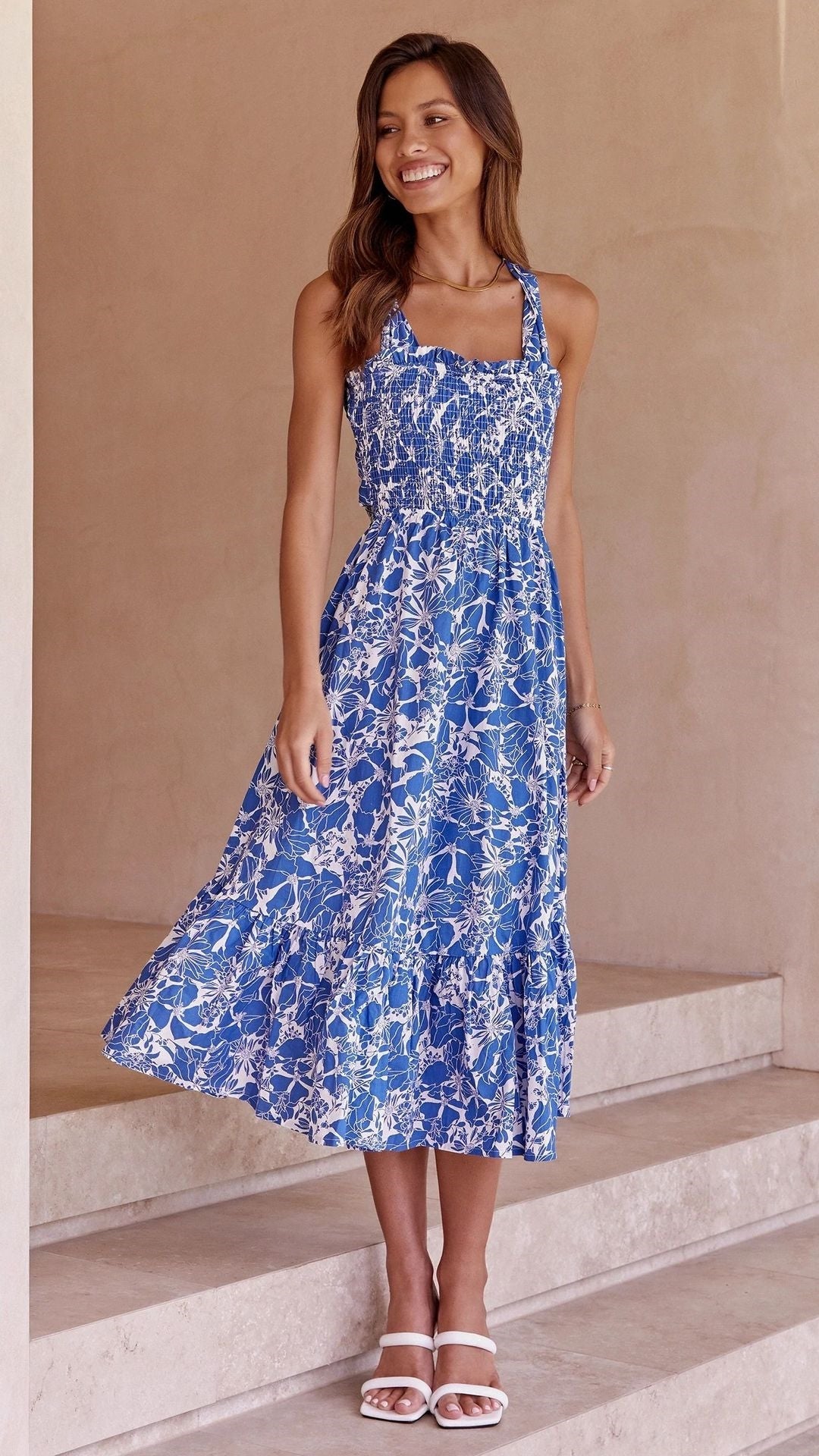 Blue Floral Crossover Back Midi Dress