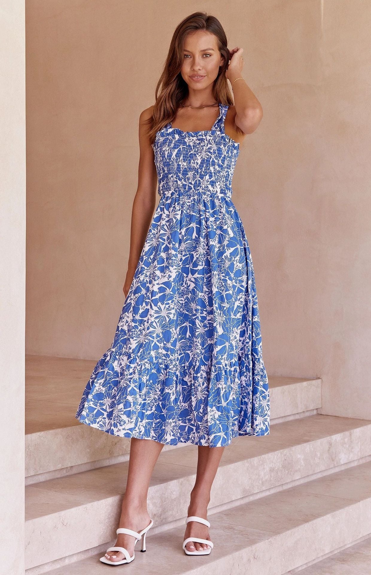 Blue Floral Crossover Back Midi Dress