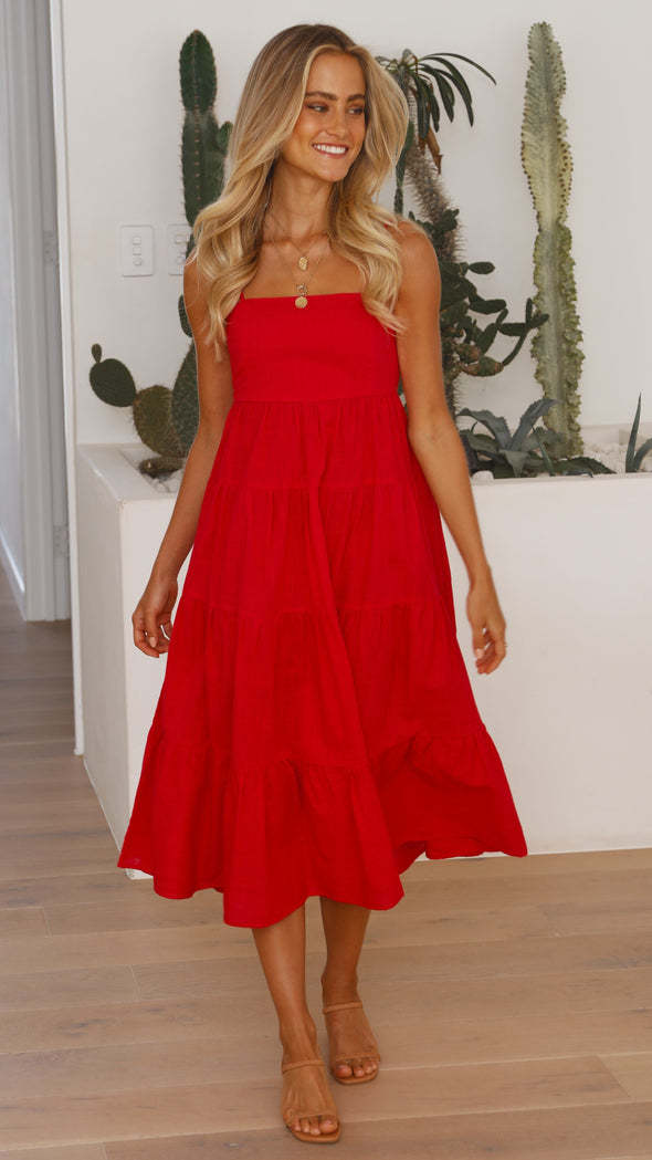 Red Tiered Slip Midi Dress