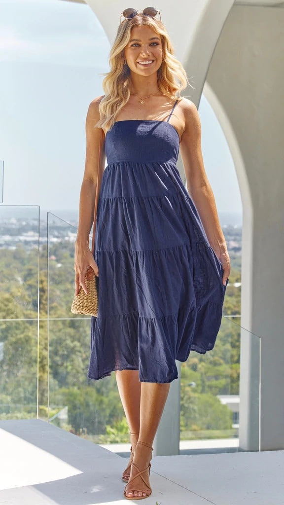 Navy Tiered Slip Midi Dress