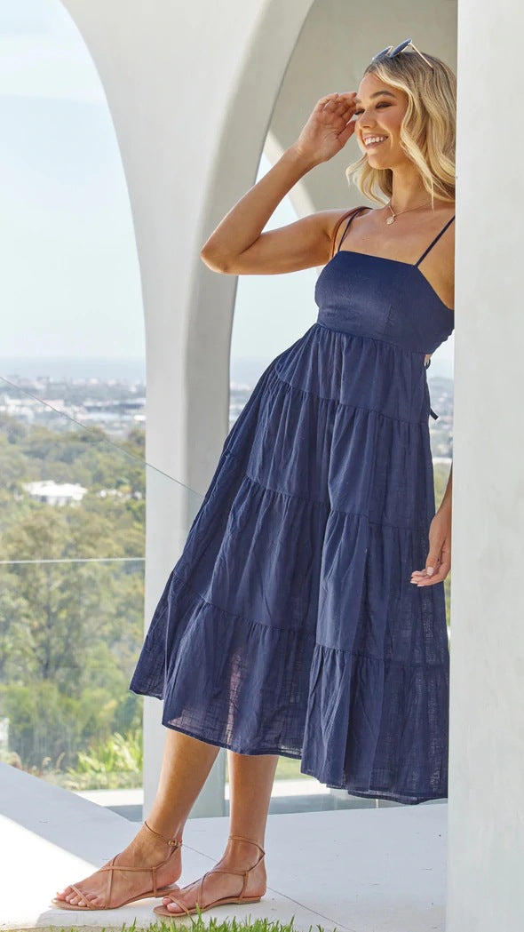 Navy Tiered Slip Midi Dress