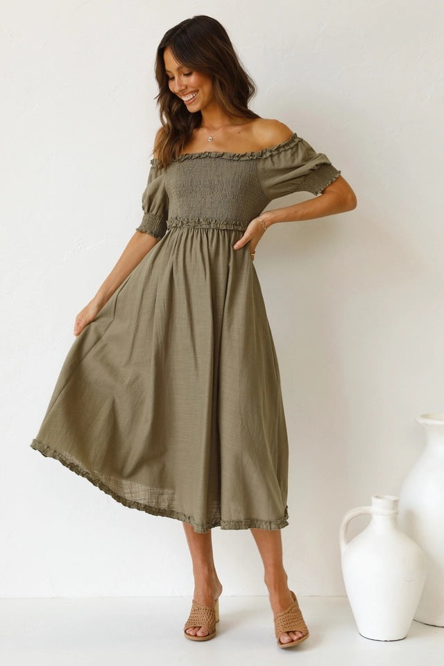 Olive Green Smocked Midi Dress