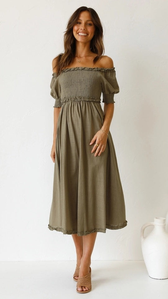 Olive Green Smocked Midi Dress