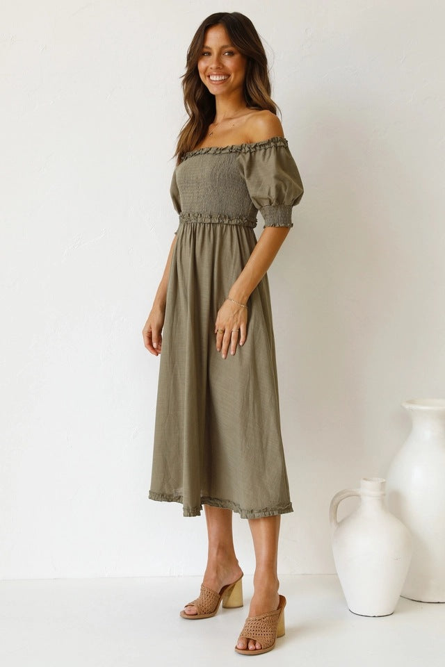 Olive Green Smocked Midi Dress