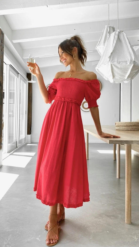 Red Off Shoulder Smocked Midi Dress