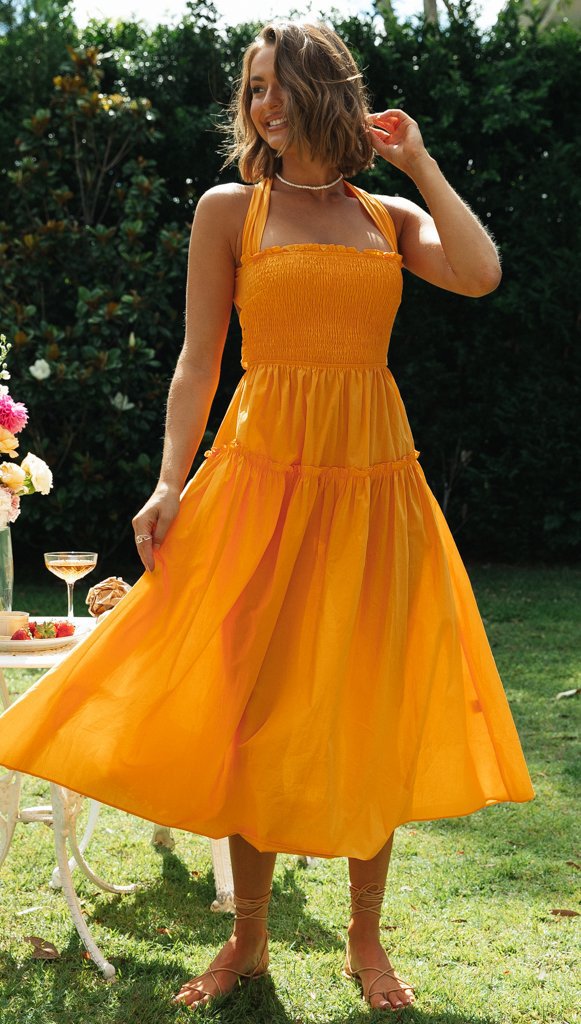 Orange Smocked Halter Midi Dress