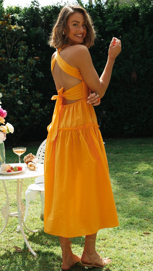 Orange Smocked Halter Midi Dress