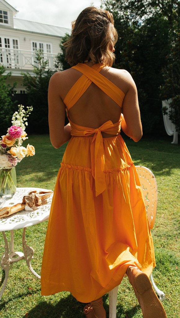 Orange Smocked Halter Midi Dress