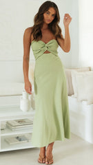 Green Strapless Front Twist Midi Dress