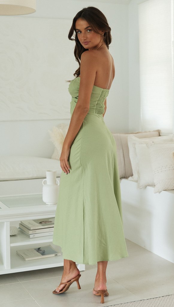 Green Strapless Front Twist Midi Dress