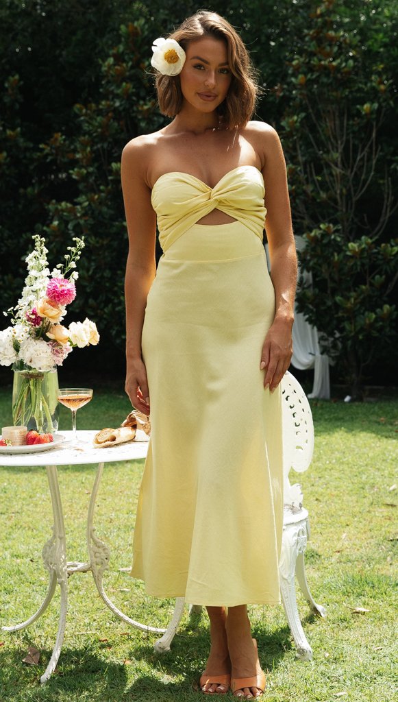 Yellow Strapless Front Twist Midi Dress