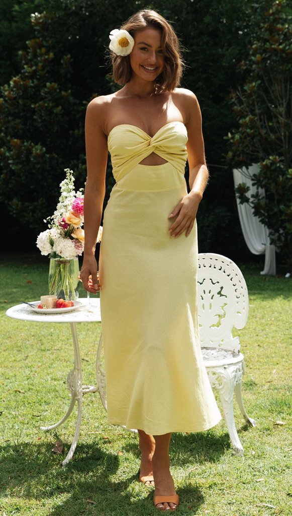 Yellow Strapless Front Twist Midi Dress