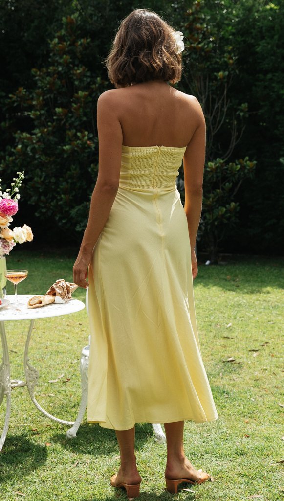 Yellow Strapless Front Twist Midi Dress