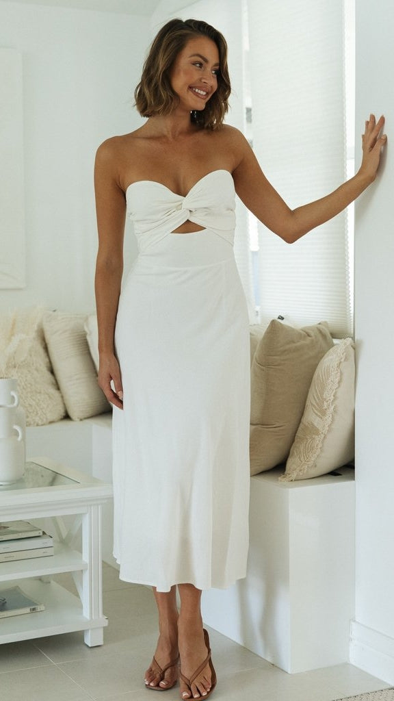 White Strapless Front Twist Midi Dress