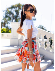 Red Rose Print Layered Mini Skirt