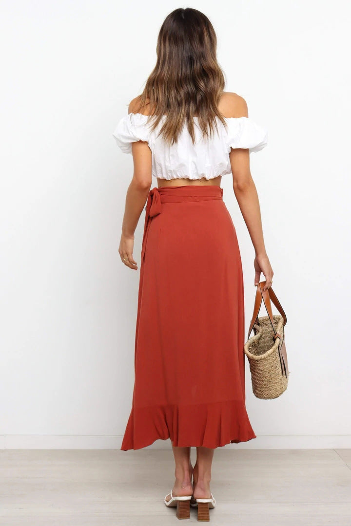 Burgundy Waist Tie Midi Skirts