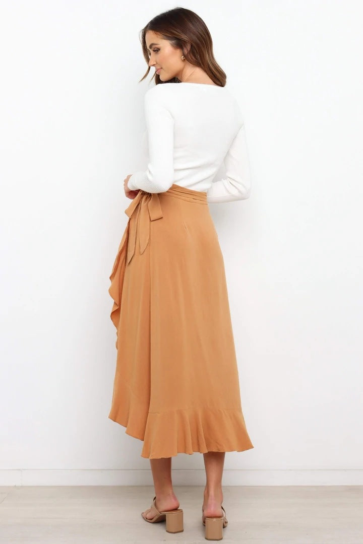 Khaki Waist Tie Midi Skirts